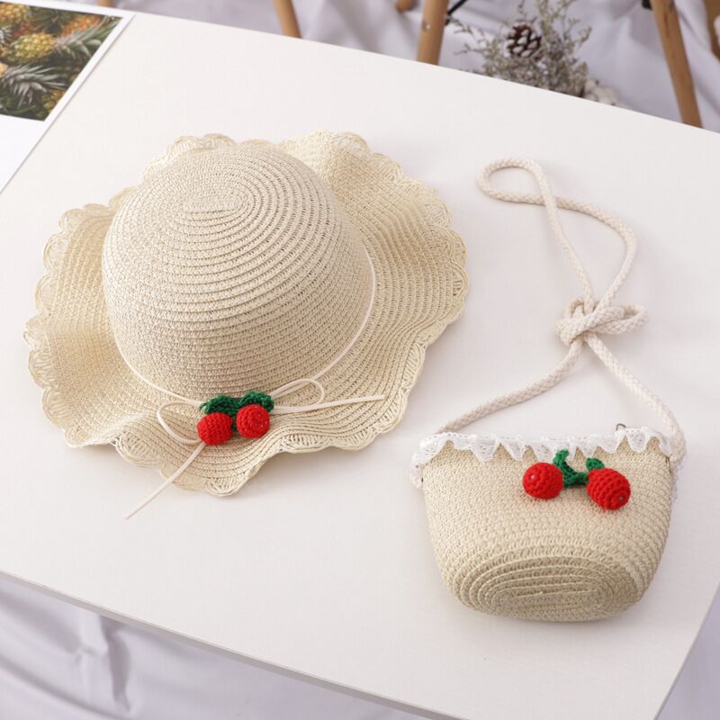 Girl Goddess Sun Straw Hat & Bag with Cherry Design (Bag Sold Separately)