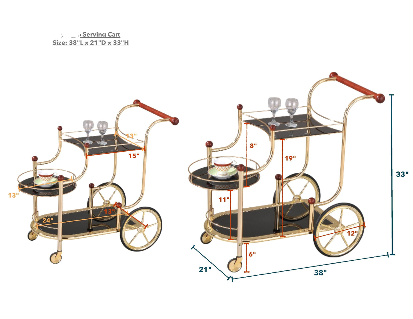 Gold Plated Antique Style Serving Cart Dining Cart Cherry Wood & Black Glass