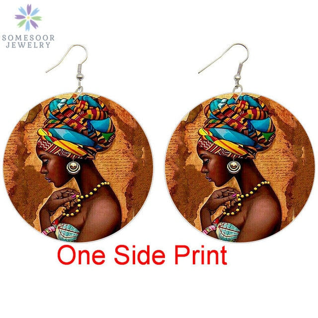 Vintage African Headwrap Woman Wood Drop Earrings