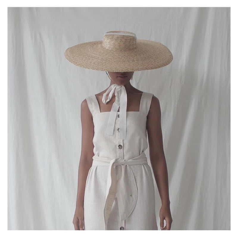 Simple Elegance Wide Brim Sun Straw Hat with Straps