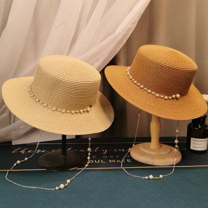 O La La French Retro Wide Brim Sun Straw Hat with Faux Pearl String