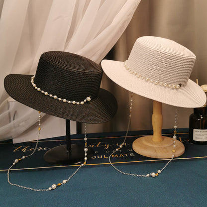 O La La French Retro Wide Brim Sun Straw Hat with Faux Pearl String