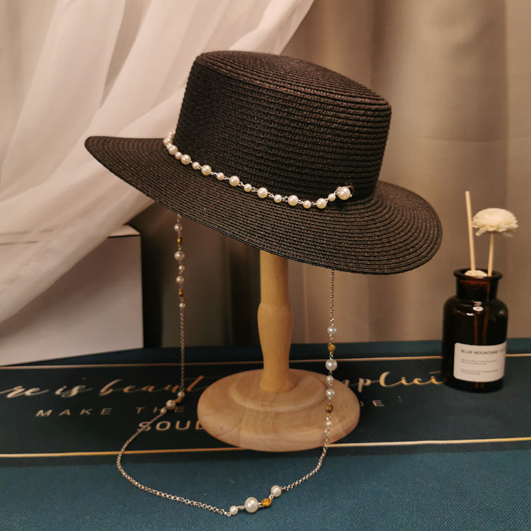 O La La French Retro Wide Brim Sun Straw Hat with Faux Pearl String