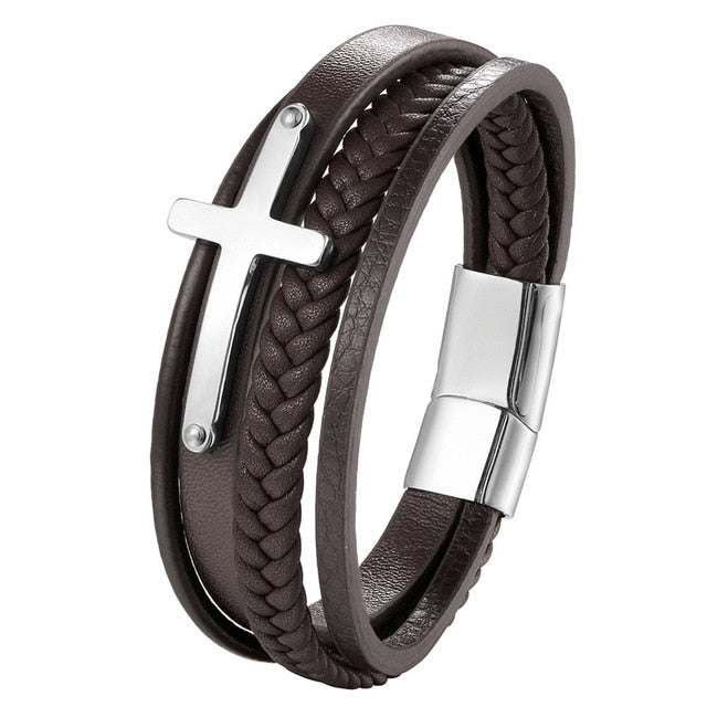 Classic Punk Stainless Steel Magnetic Metal Clasp Men Multilayer Leather Bracelet