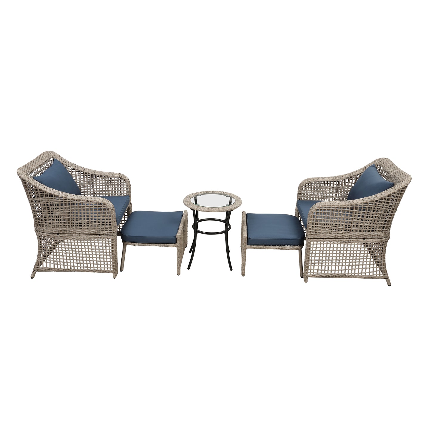 5-piece Outdoor Conversation Set Patio Furniture Set Bistro Set Rattan Wicker Chairs with Stools and Tempered Glass Table