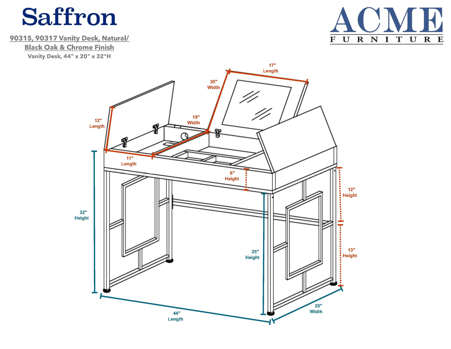 Saffron Vanity Desk in Natural & Chrome 90315