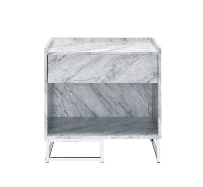 Azrael Accent Table, White Printed Faux Marble & Chrome Finish 97865