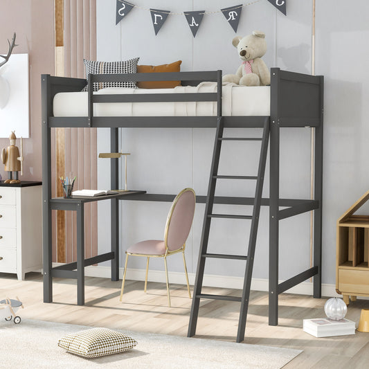 Twin size Loft Bed with Desk and Ladder-Gray