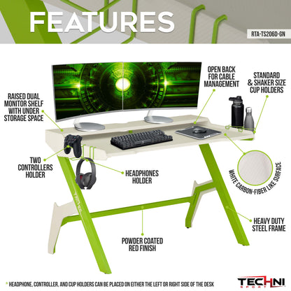 Techni Sport Ergonomic Computer Gaming  Desk Workstation with Cupholder  Headphone Hook, Green
