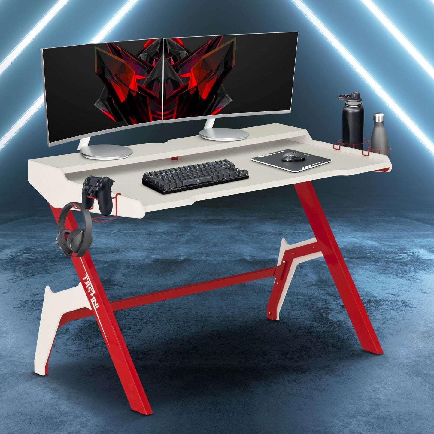 Techni Sport Ergonomic Computer Gaming  Desk Workstation with Cupholder  Headphone Hook, Red