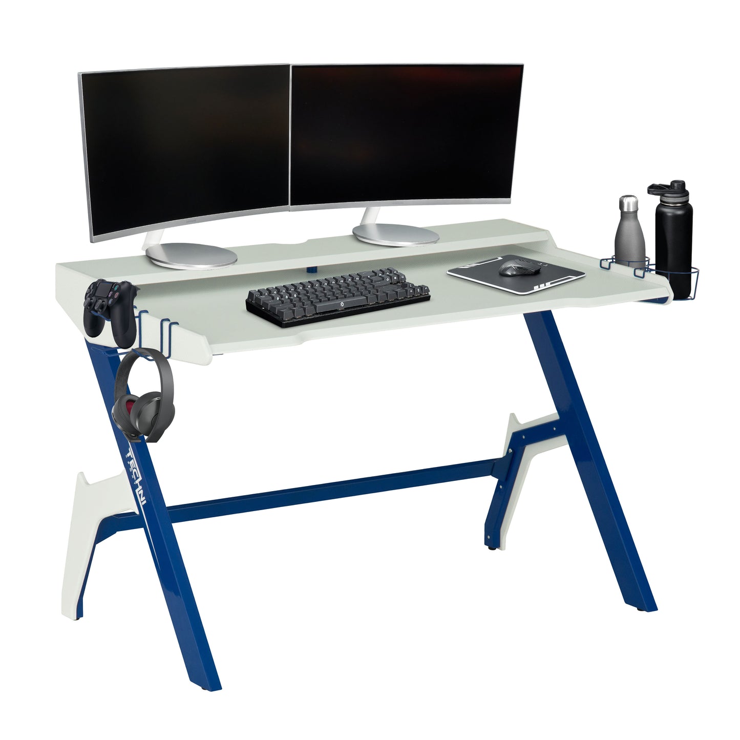 Techni Sport Ergonomic Computer Gaming  Desk Workstation with Cupholder  Headphone Hook, Blue