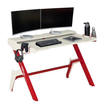 Techni Sport Ergonomic Computer Gaming  Desk Workstation with Cupholder  Headphone Hook, Red