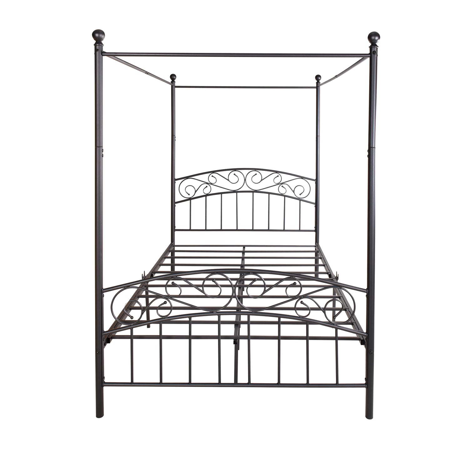 Metal Canopy Bed Frame with Ornate  Style Headboard  Footboard Sturdy Steel Holds 600lbs Perfectly Fits Your Mattress Easy DIY Assembly All Parts Included, Full Black
