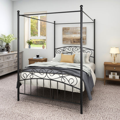Metal Canopy Bed Frame with Ornate  Style Headboard  Footboard Sturdy Steel Holds 600lbs Perfectly Fits Your Mattress Easy DIY Assembly All Parts Included, Full Black
