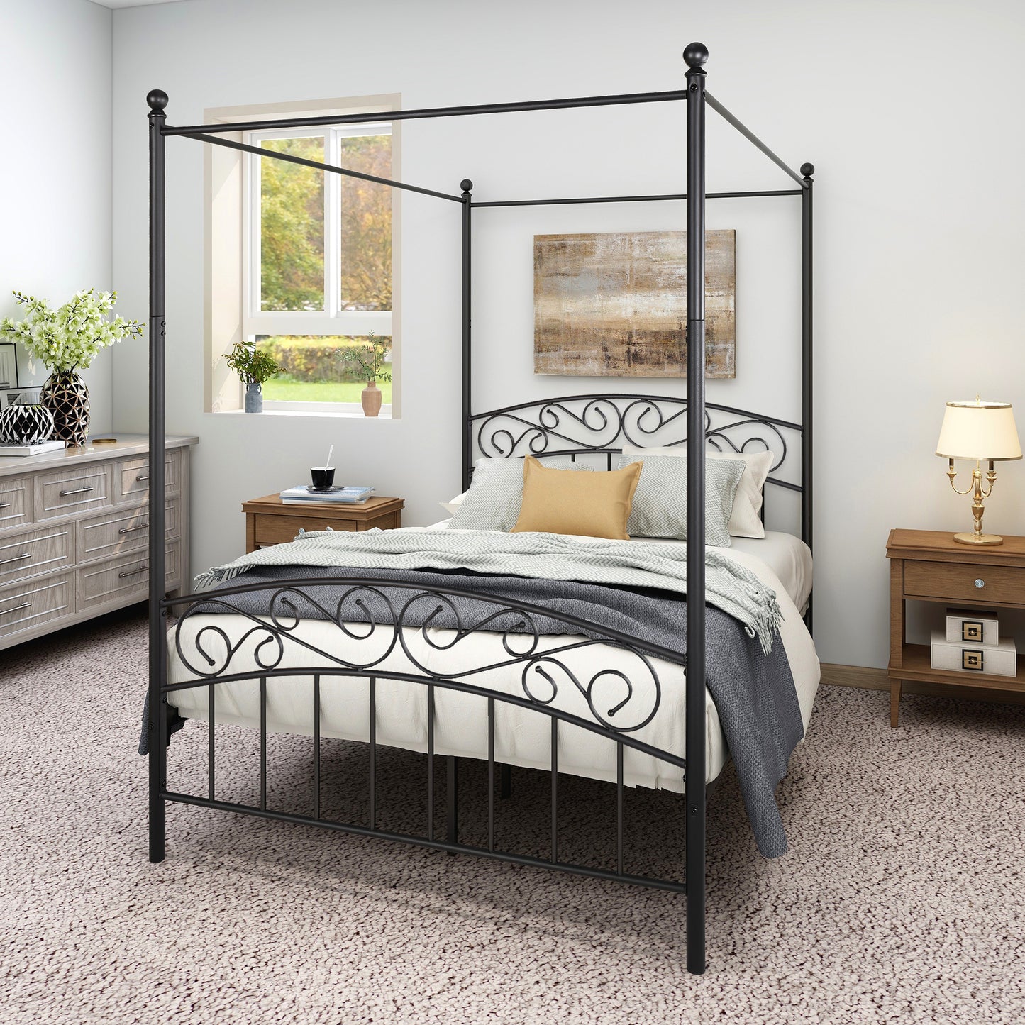 Metal Canopy Bed Frame with Ornate  Style Headboard  Footboard Sturdy Steel Holds 600lbs Perfectly Fits Your Mattress Easy DIY Assembly All Parts Included, Full Black