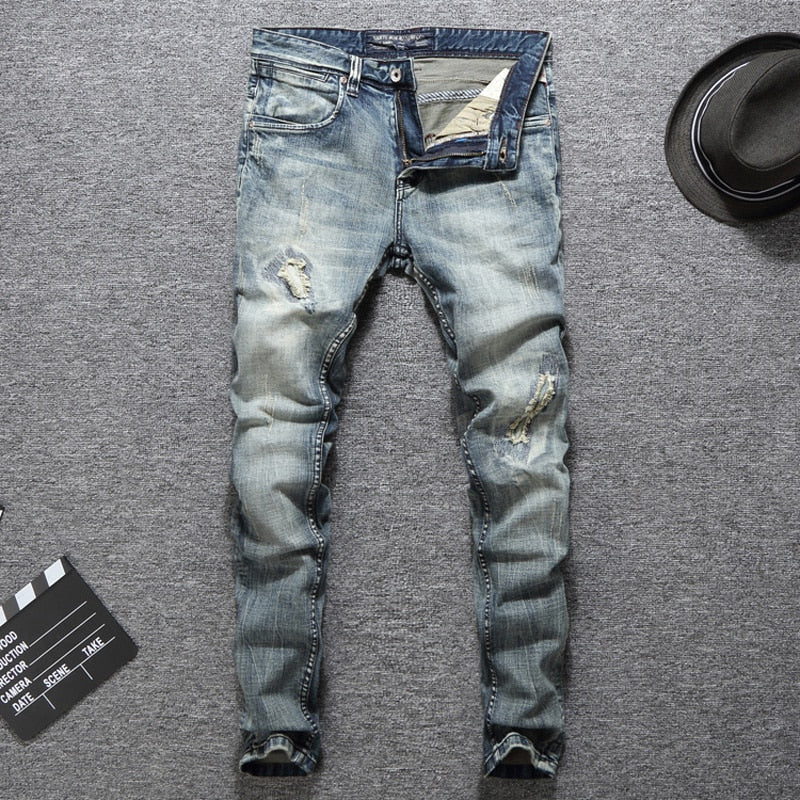 Italian Designer Men Jeans High Quality Slim Fit Cotton Ripped Jeans