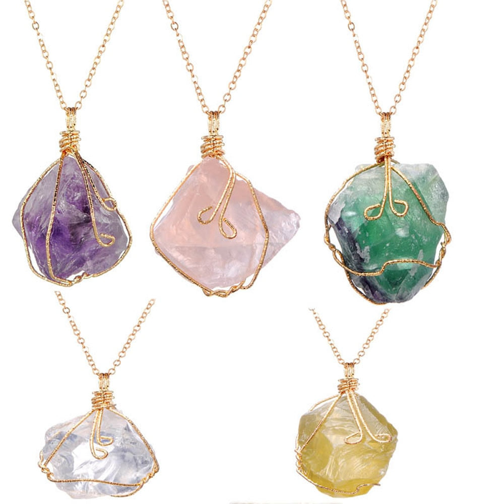 Natural Wire Wrapped Quartz Pendant Necklaces