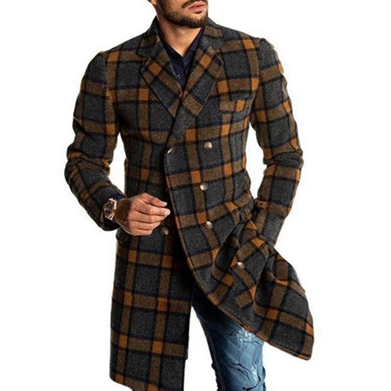 Houndscloth Men's  Long Woolen Trench Coat  Jacket