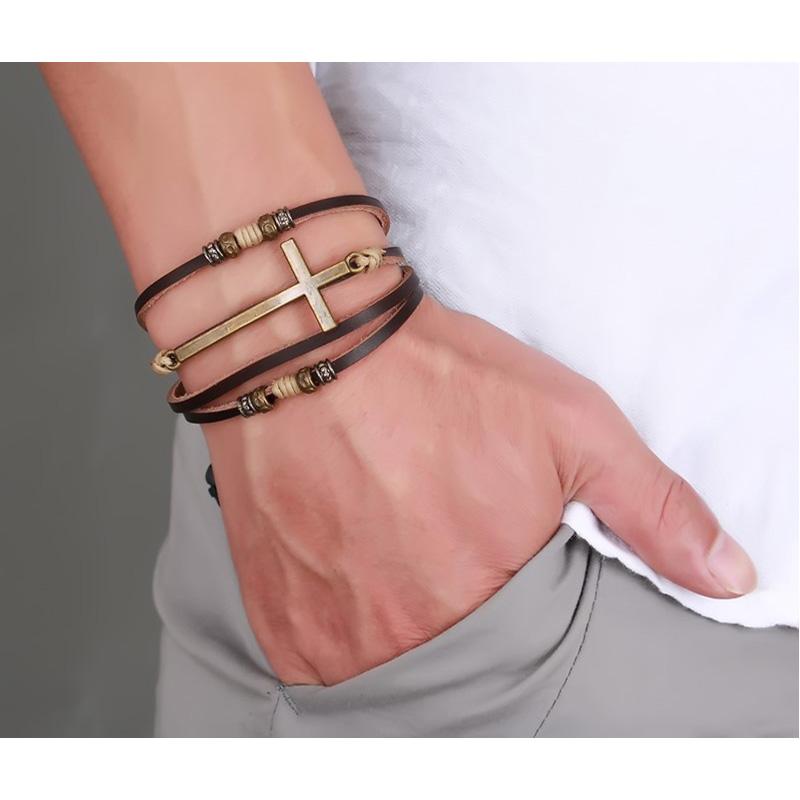 Vnox Leather Cross Bracelets & Bangles For Women Men