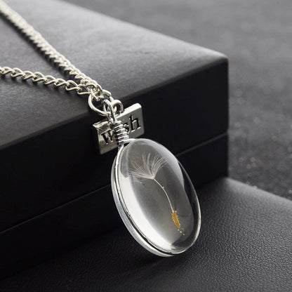 Dried Flower Dandelion Clear Crystal Necklace
