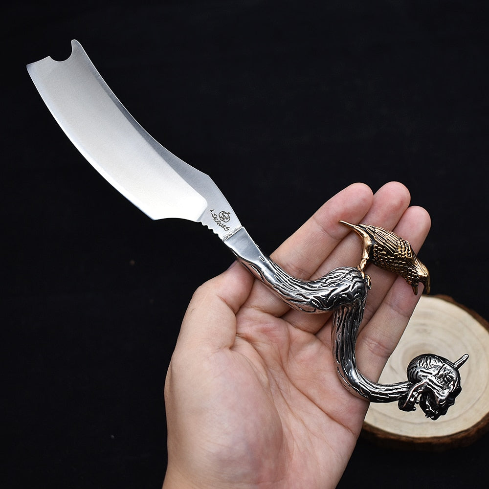 D2 Fixed Razor Stainless Steel Handle Skull Head & Crow Hunting Knife Survival Camping Shaving Tool