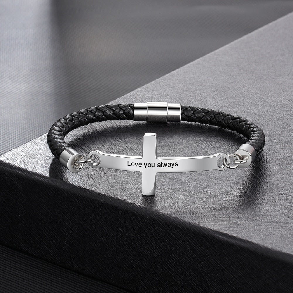 Personalized Stainless Steel Cross Vintage Leather Bracelet Vintage