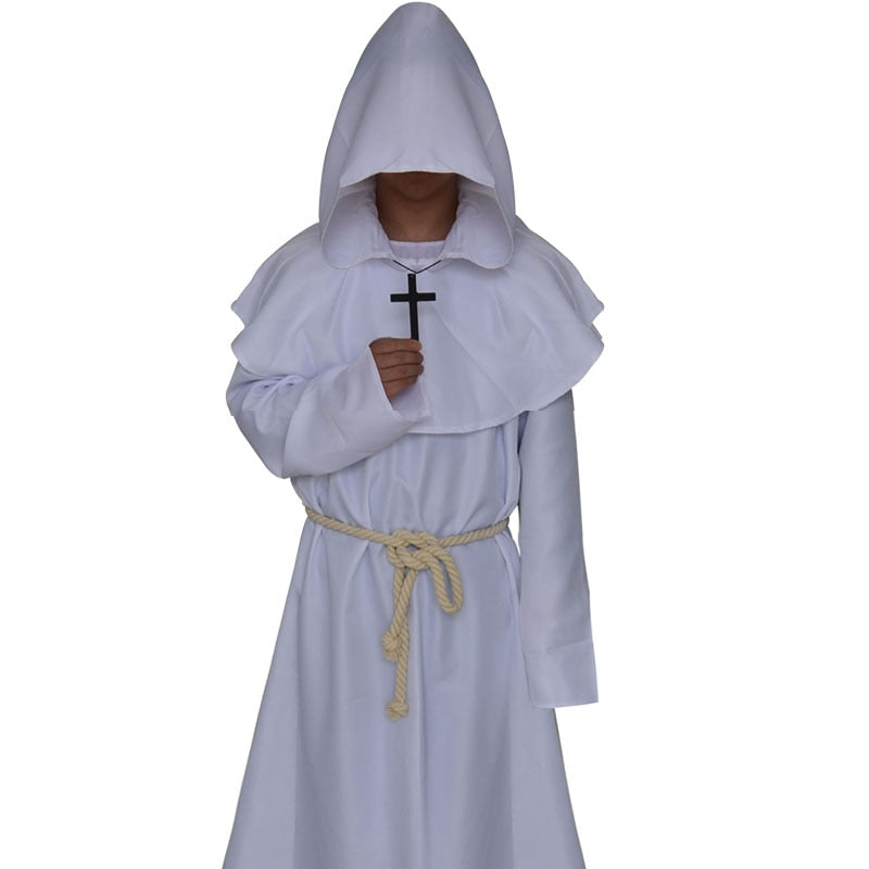 Full Set Medieval Monk Church Clergy Costume Men's Cosplay Priest Hooded Cowl Gown Robe Cape Minister Cloak Halloween Outfit For Adult