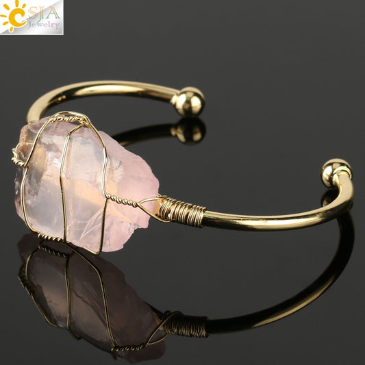 Rose quartz  Gold-color Wire Wrap Bangle Bracelet