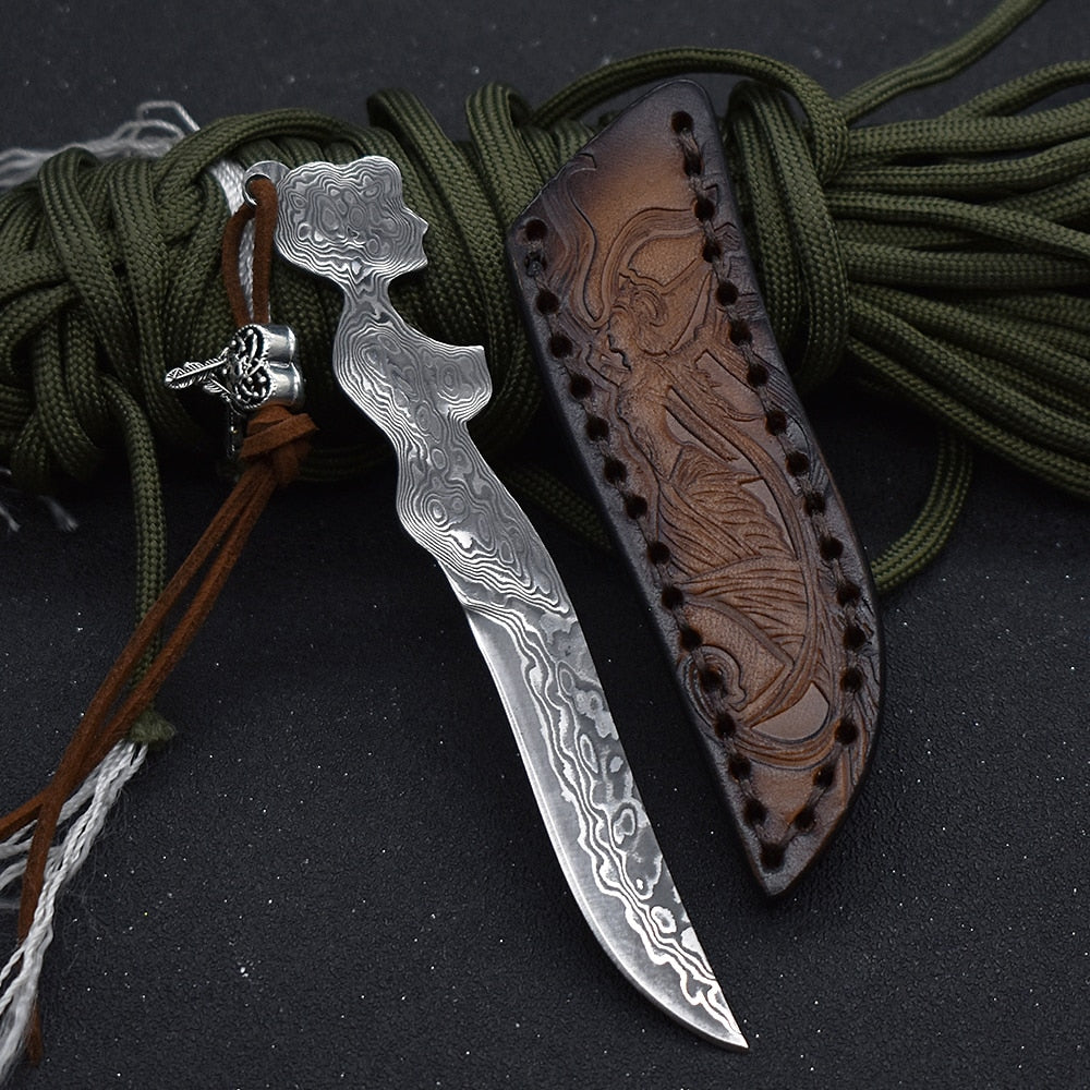 Damascus Blade Portable EDC Knife Self-Defense Hunting with Leather Case