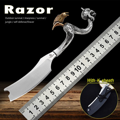 D2 Fixed Razor Stainless Steel Handle Skull Head & Crow Hunting Knife Survival Camping Shaving Tool