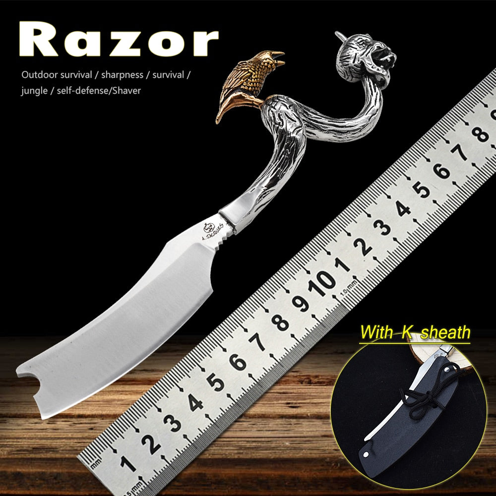 D2 Fixed Razor Stainless Steel Handle Skull Head & Crow Hunting Knife Survival Camping Shaving Tool