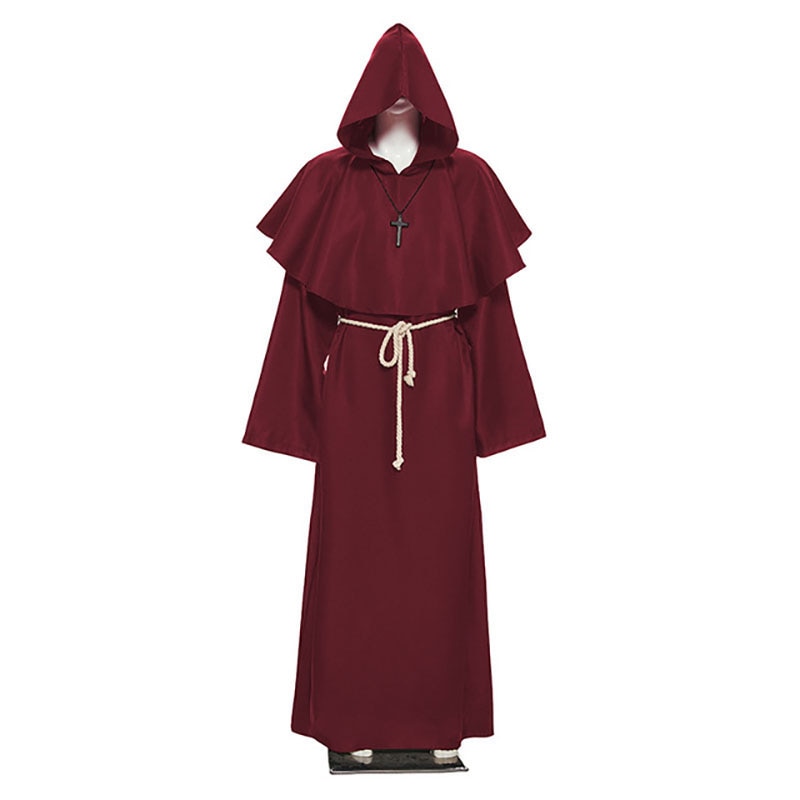 Full Set Medieval Monk Church Clergy Costume Men's Cosplay Priest Hooded Cowl Gown Robe Cape Minister Cloak Halloween Outfit For Adult