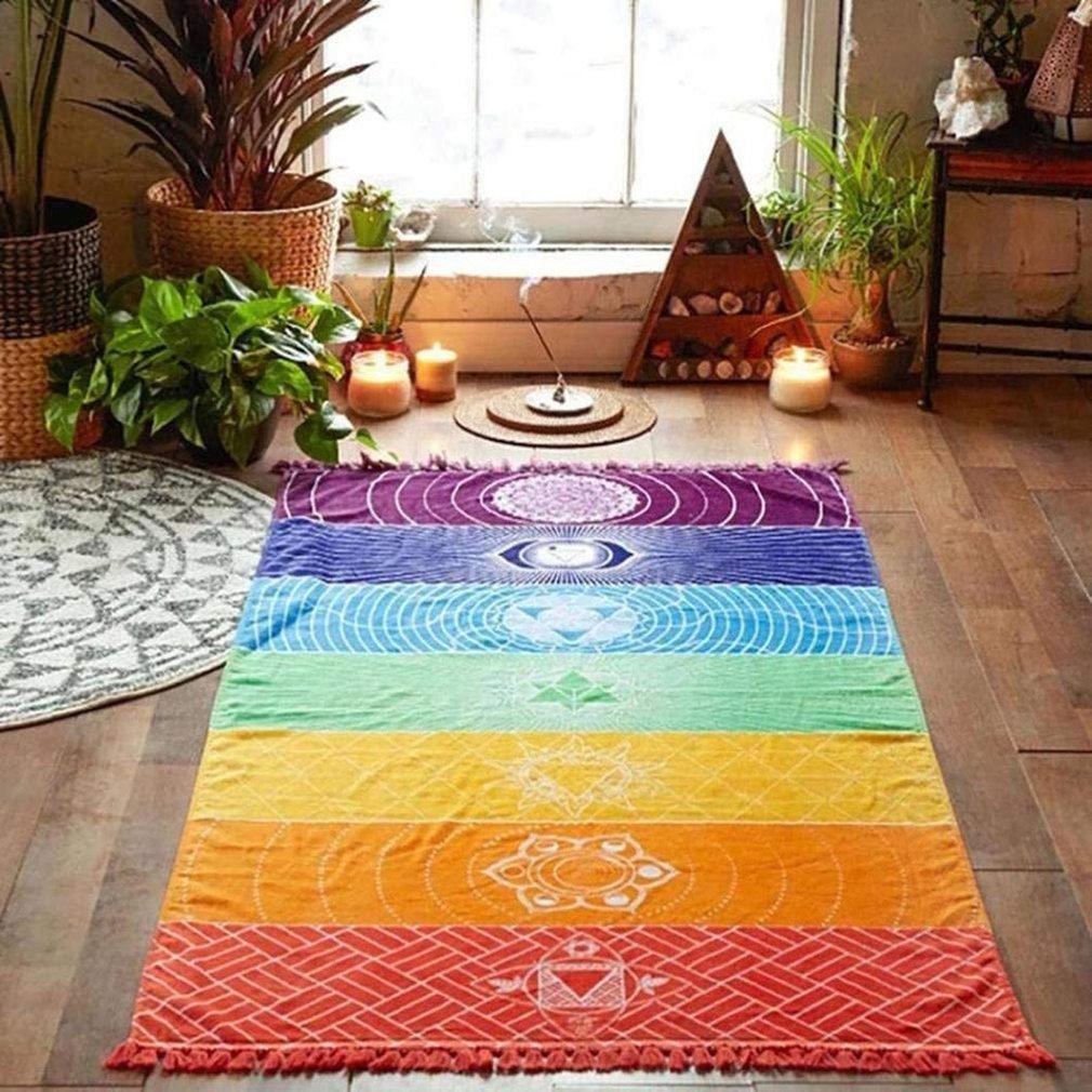 Meditation Yoga Rug Chakras Tassel Striped Floor Mat Tapestry 150cm70cm Colorful
