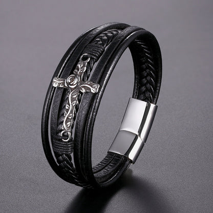 Classic Punk Stainless Steel Magnetic Metal Clasp Men Multilayer Leather Bracelet