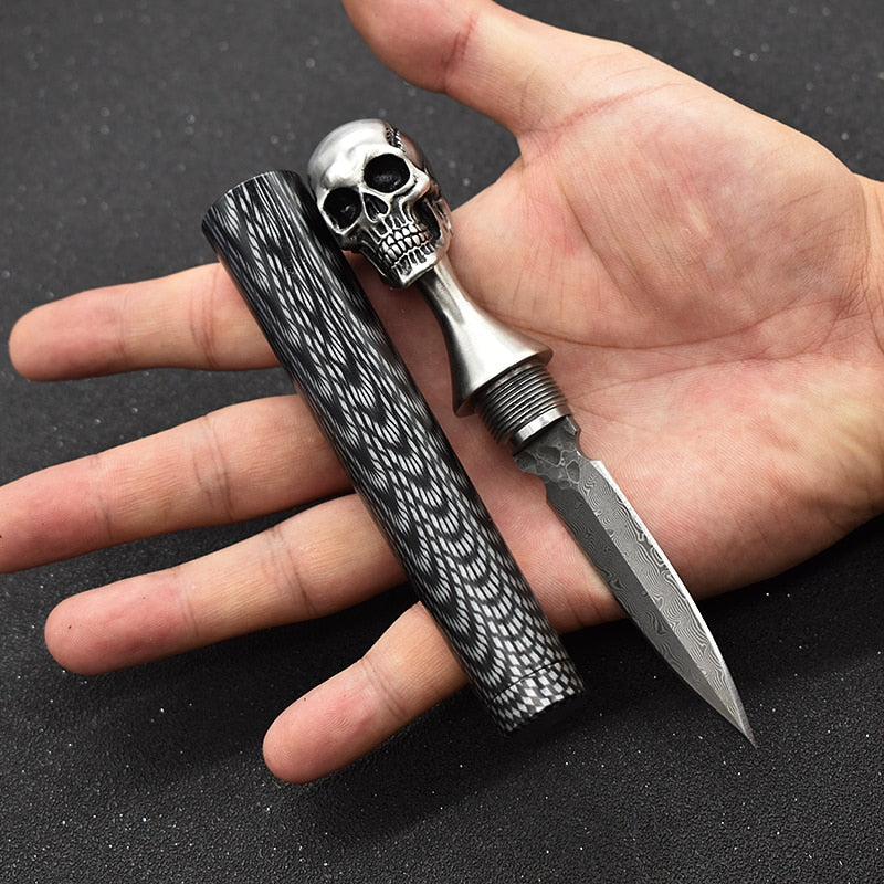 Damascus Steel Ghost Head Knife Skull Tea Cone Handmade Tea Needle M390 blade Camping Tool Self-defense Knife Fixed Blade knife