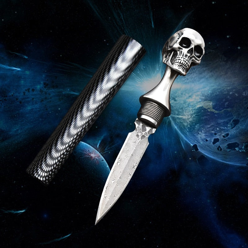 Damascus Steel Ghost Head Knife Skull Tea Cone Handmade Tea Needle M390 blade Camping Tool Self-defense Knife Fixed Blade knife