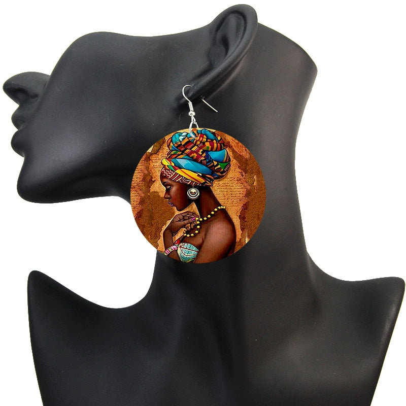 Vintage African Headwrap Woman Wood Drop Earrings