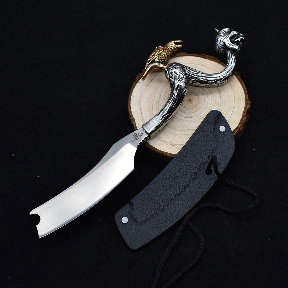 D2 Fixed Razor Stainless Steel Handle Skull Head & Crow Hunting Knife Survival Camping Shaving Tool