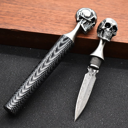 Damascus Steel Ghost Head Knife Skull Tea Cone Handmade Tea Needle M390 blade Camping Tool Self-defense Knife Fixed Blade knife