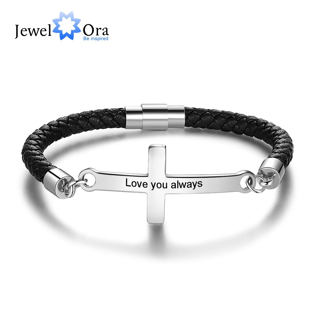 Personalized Stainless Steel Cross Vintage Leather Bracelet Vintage