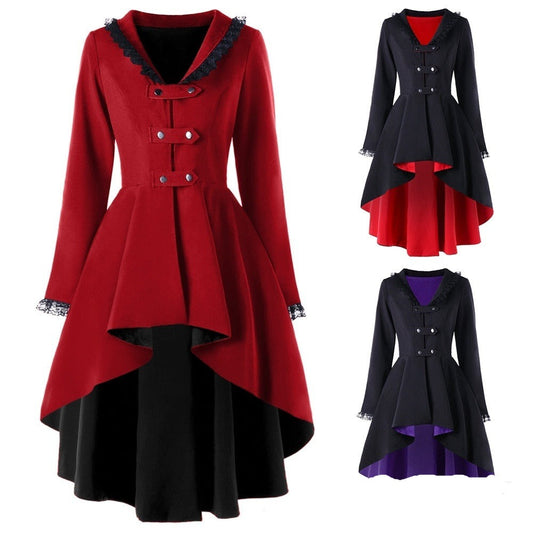 Women Gothic Bandage Steampunk Victorian Tailcoat Jacket  Swallow-tailed Trench