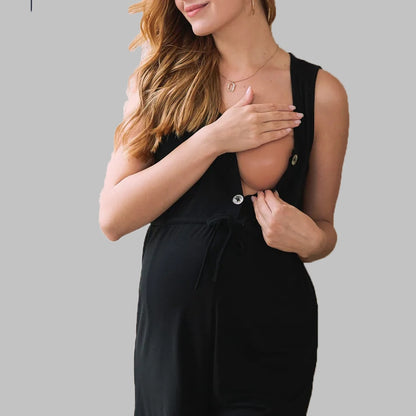 Summer Breeze Sleeveless Cotton Maternity Pregnancy Jumpsuit Romper with Pockets & Easy Nursing Access