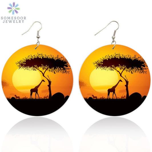 African Tribal Wood Drop Earrings Giraffe Animal Earrings