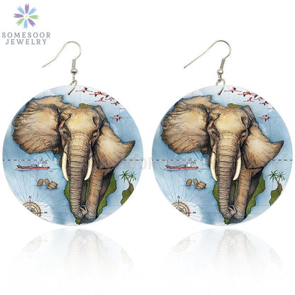 African Elephant Wooden Drop Earrings