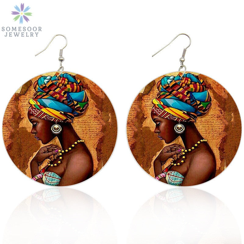 Vintage African Headwrap Woman Wood Drop Earrings