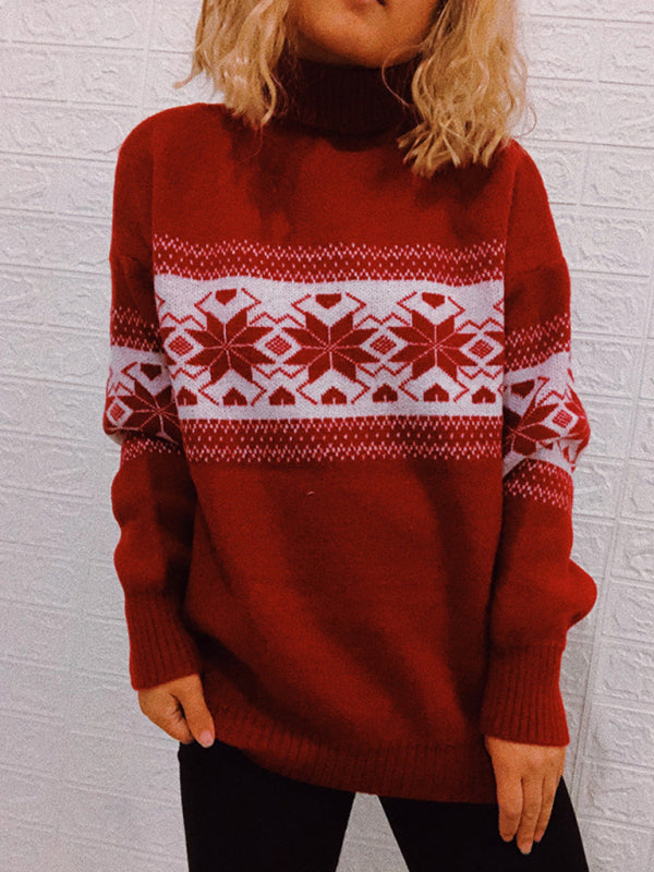 Women's Vintage Snowflake Turtleneck Long Sleeve Christmas Sweater Pullover