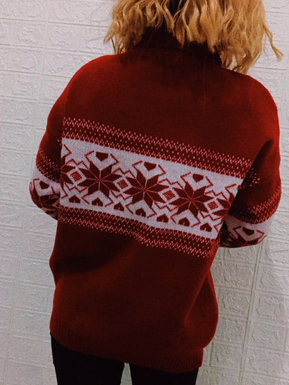 Women's Vintage Snowflake Turtleneck Long Sleeve Christmas Sweater Pullover