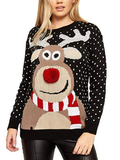 Women's Fawn Jacquard Round Neck Long Sleeve Pullover Christmas Sweater