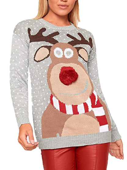 Women's Fawn Jacquard Round Neck Long Sleeve Pullover Christmas Sweater