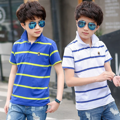 Classic White & Dark Blue Striped Polo Boys Short Sleeve Shirt (ages 3 years - 15 years)